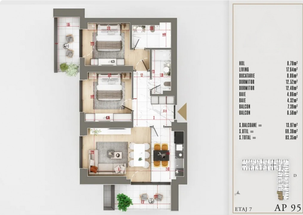 3 camere cu 2 balcoane, Incalzire in pardoseala, Izolare Fonica